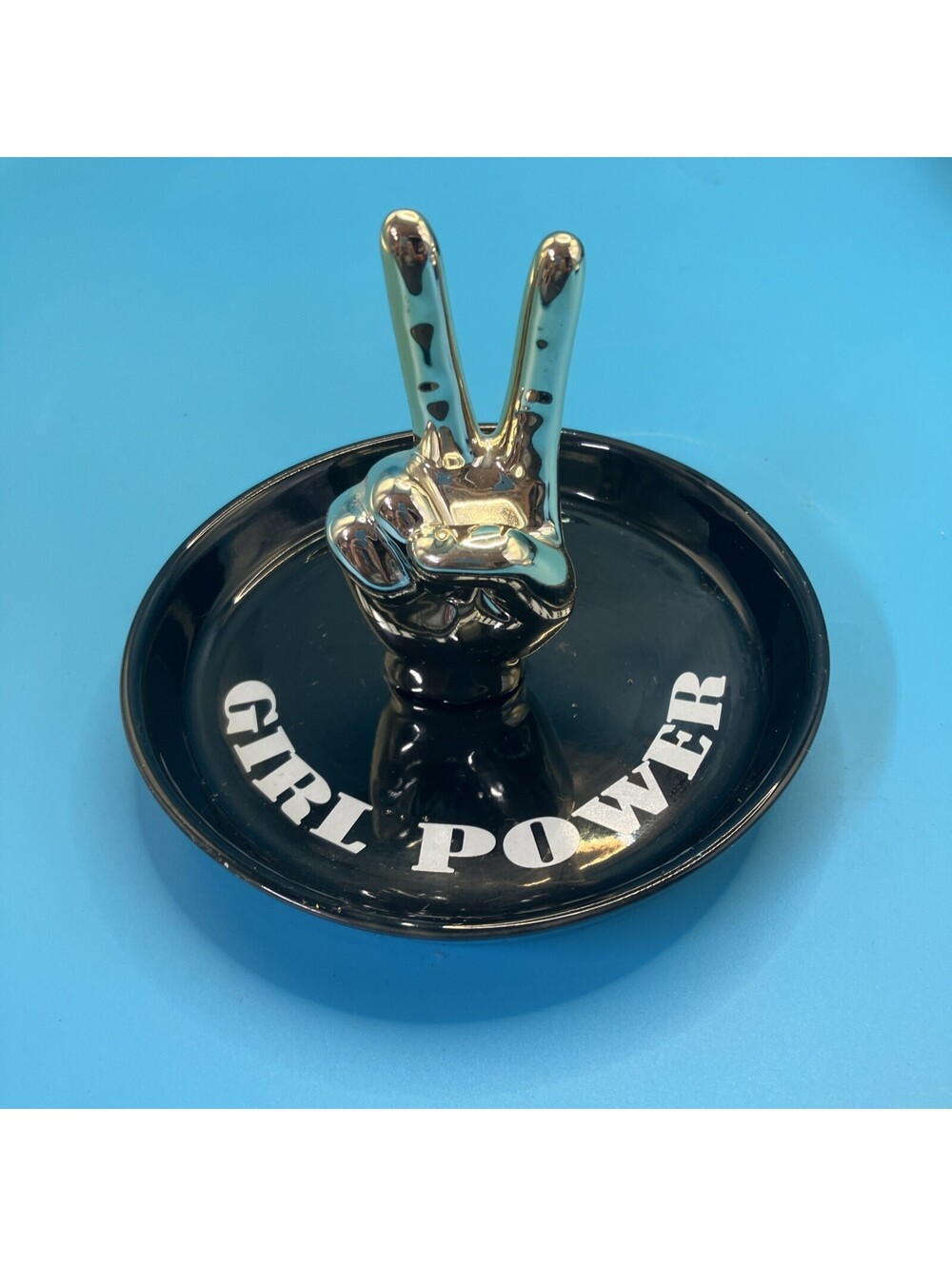 Gold peace sign “Girl Power” jewelry and trinket holder dish In Black